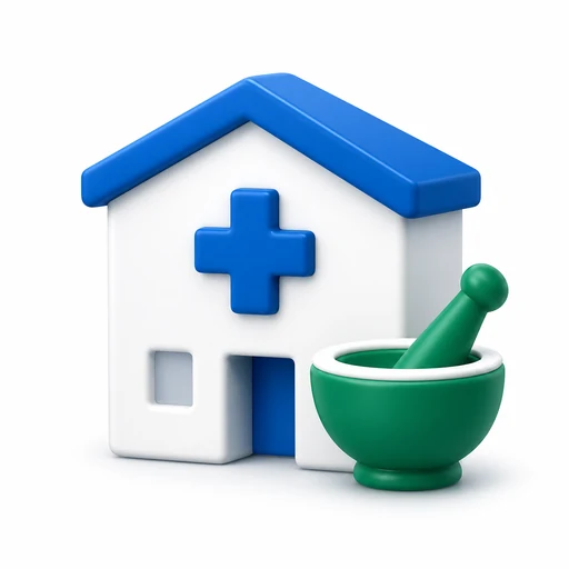Clinic and mortar and pestle representing medical and pharmacy support