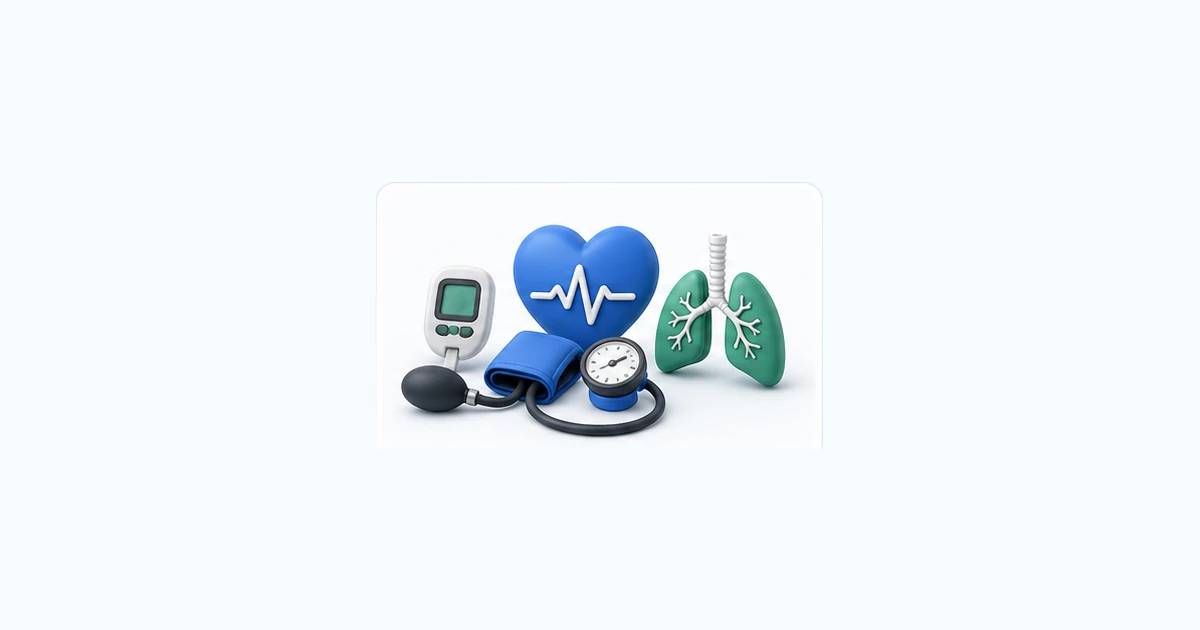 3D healthcare symbols for diabetes, blood pressure, heart health, and asthma
