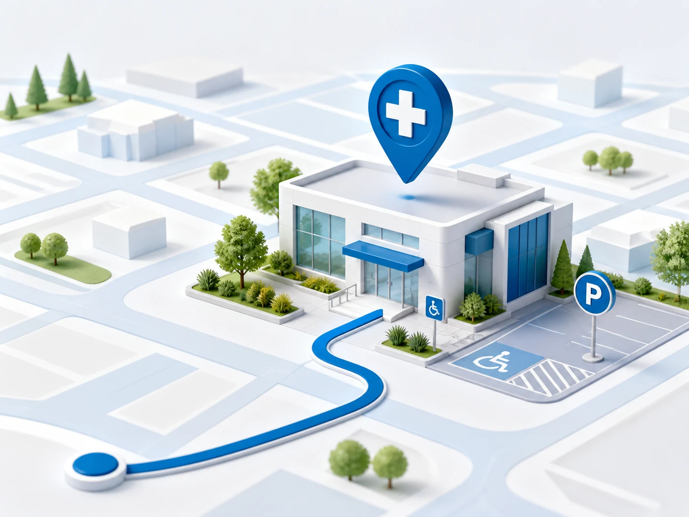 3D location illustration showing Peoples Medical Clinic, parking availability, and accessibility