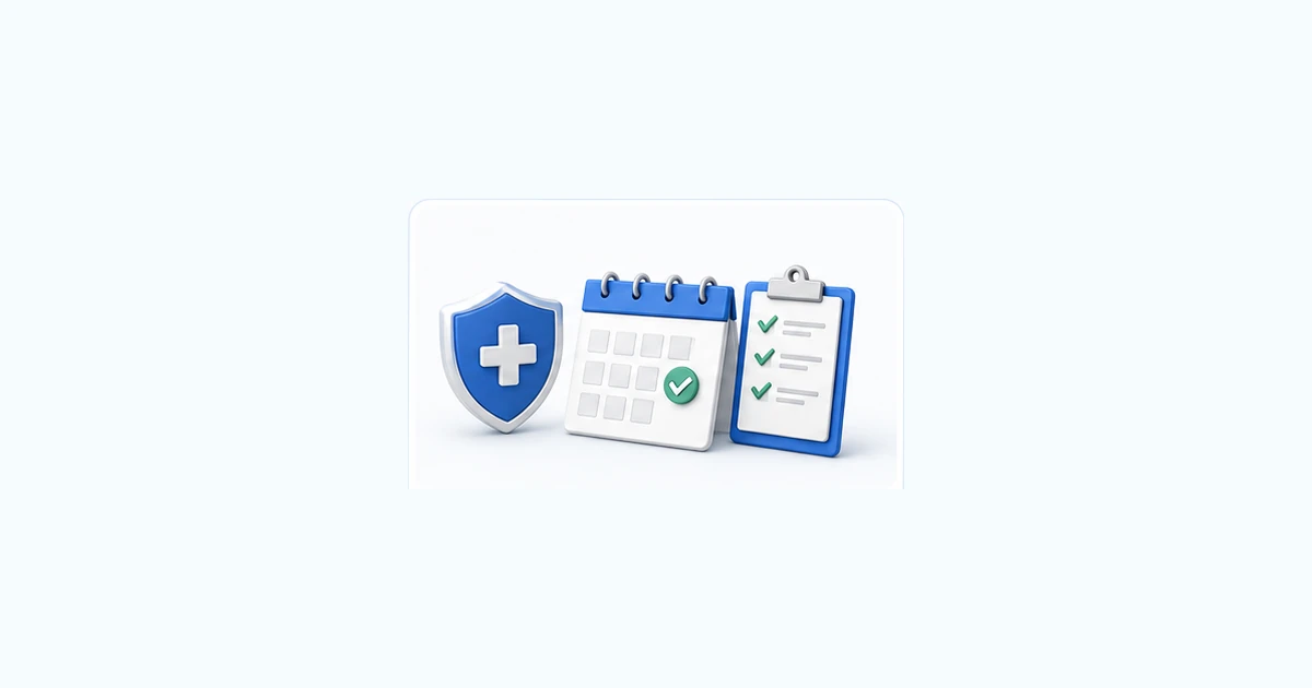 3D shield, calendar, and checklist representing vaccination appointment preparation